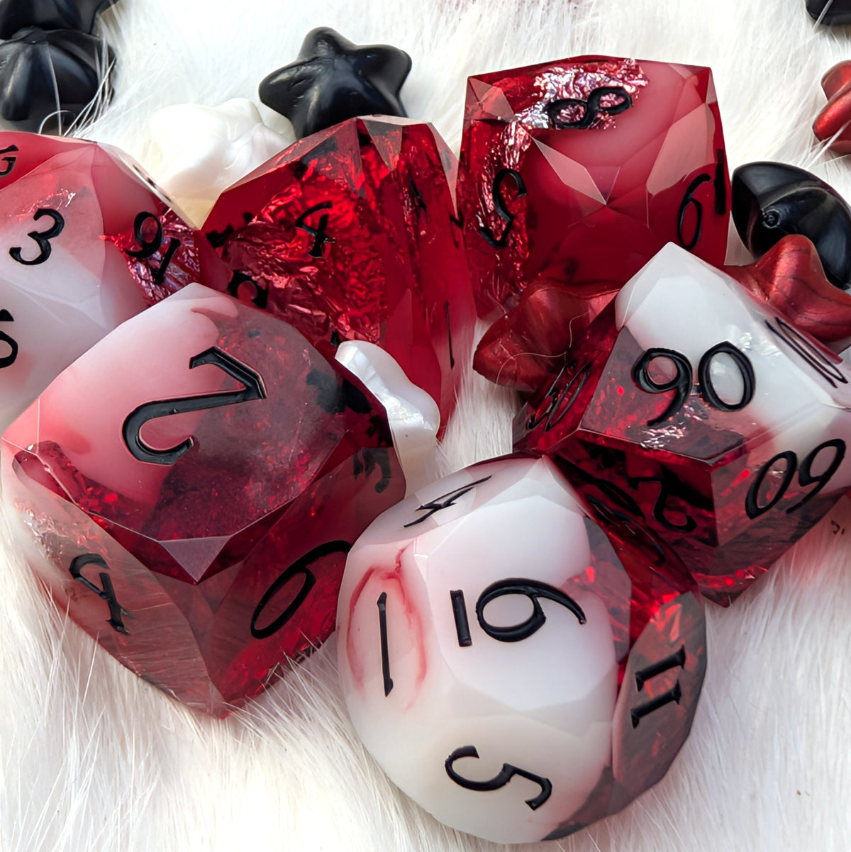 Red Diamond Cut DnD Dice Set - White Cloud & Silver Foil - Scarlet Specter