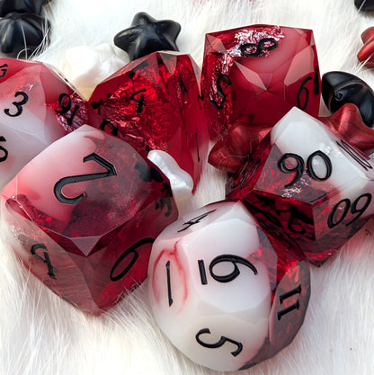 Red Diamond Cut DnD Dice Set - White Cloud & Silver Foil - Scarlet Specter
