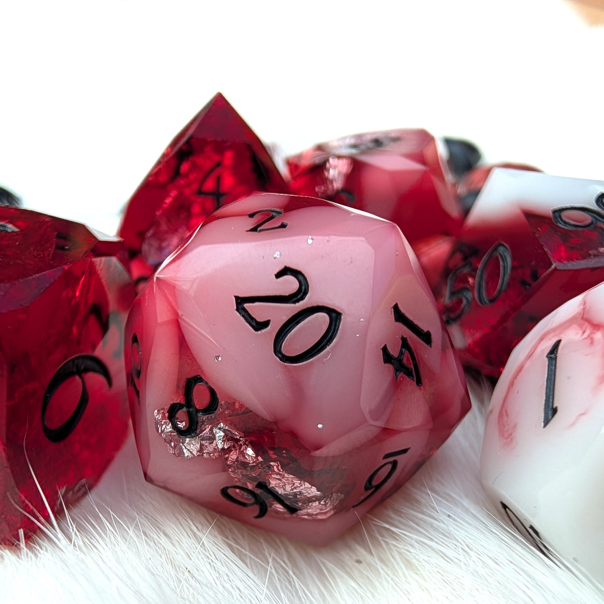Red Diamond Cut DnD Dice Set - White Cloud & Silver Foil - Scarlet Specter