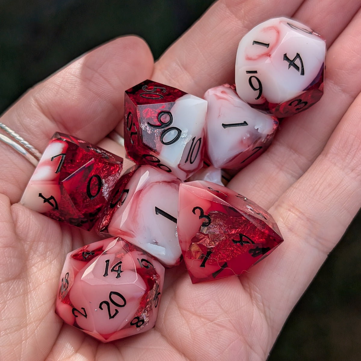 Red Diamond Cut DnD Dice Set - White Cloud & Silver Foil - Scarlet Specter