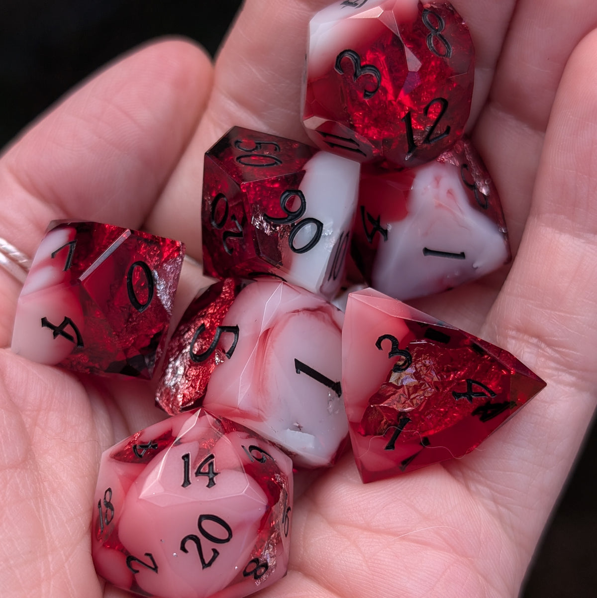 Red Diamond Cut DnD Dice Set - White Cloud & Silver Foil - Scarlet Specter