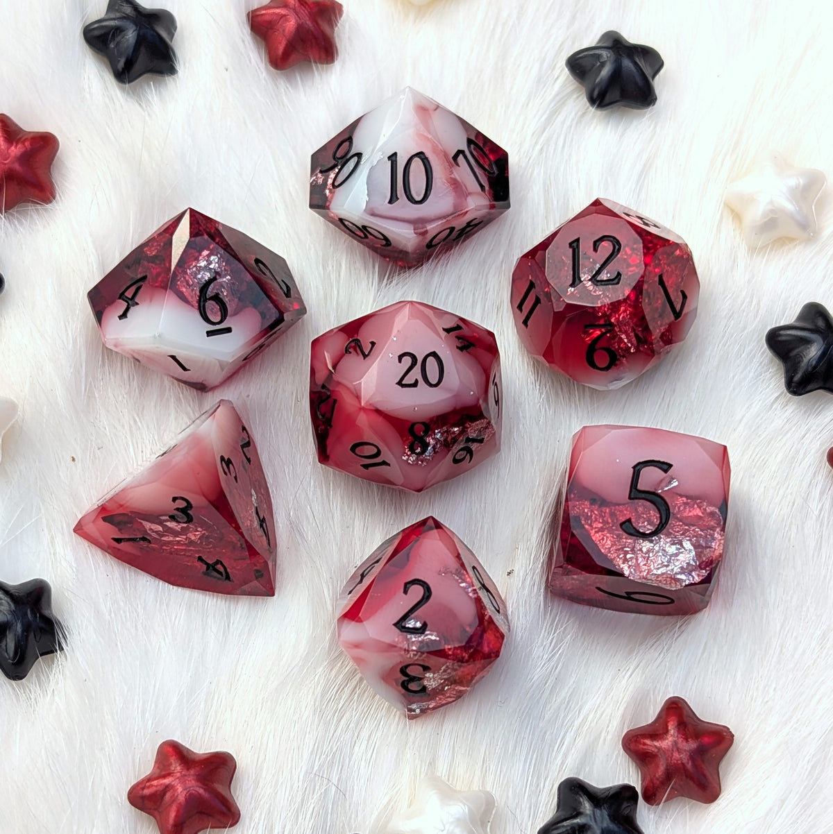 Red Diamond Cut DnD Dice Set - White Cloud & Silver Foil - Scarlet Specter