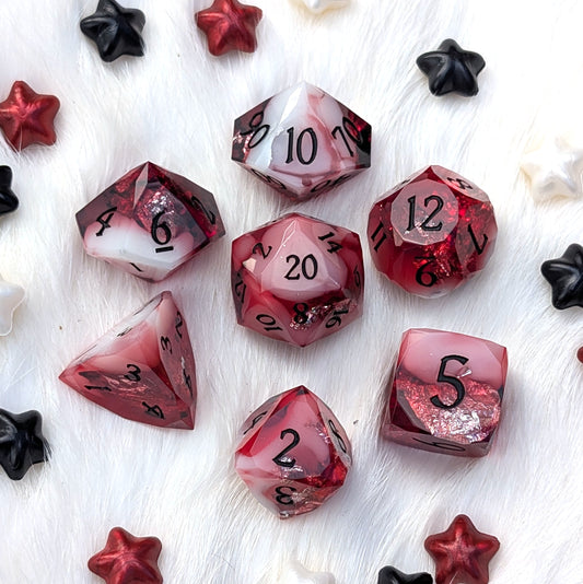 Red Diamond Cut DnD Dice Set - White Cloud & Silver Foil - Scarlet Specter
