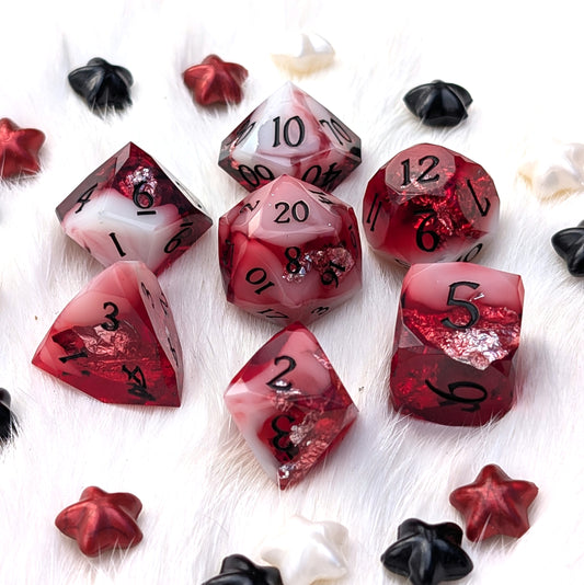 Red Diamond Cut DnD Dice Set - White Cloud & Silver Foil - Scarlet Specter