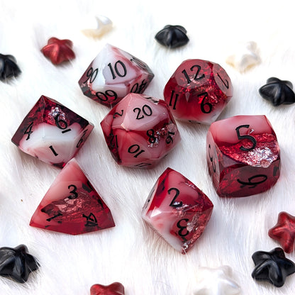 Red Diamond Cut DnD Dice Set - White Cloud & Silver Foil - Scarlet Specter
