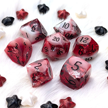 Red Diamond Cut DnD Dice Set - White Cloud & Silver Foil - Scarlet Specter