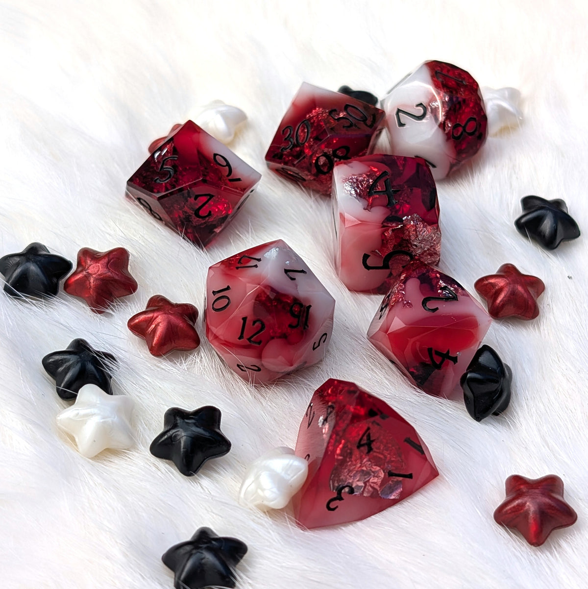 Red Diamond Cut DnD Dice Set - White Cloud & Silver Foil - Scarlet Specter