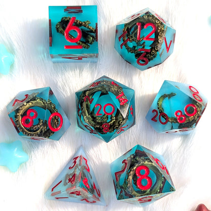 Tentacle Sharp Edge DnD Dice Set - Teal Resin - Sunken Grasp