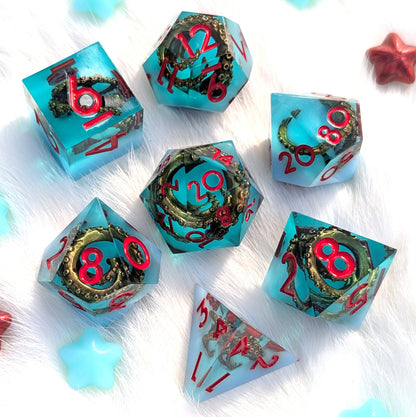 Tentacle Sharp Edge DnD Dice Set - Teal Resin - Sunken Grasp