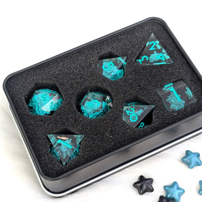 Kraken Sharp Edge DnD Dice Set - Teal & Black - Tidebound Terror