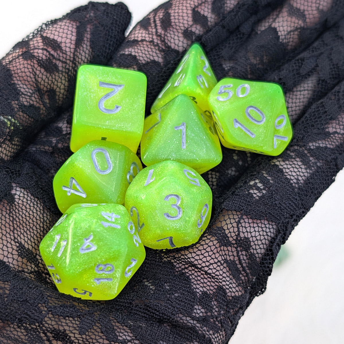 Neon Green Glitter DnD Dice Set - 7 Piece Acrylic - Toxic Sparkle
