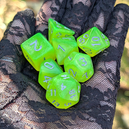Neon Green Glitter DnD Dice Set - 7 Piece Acrylic - Toxic Sparkle