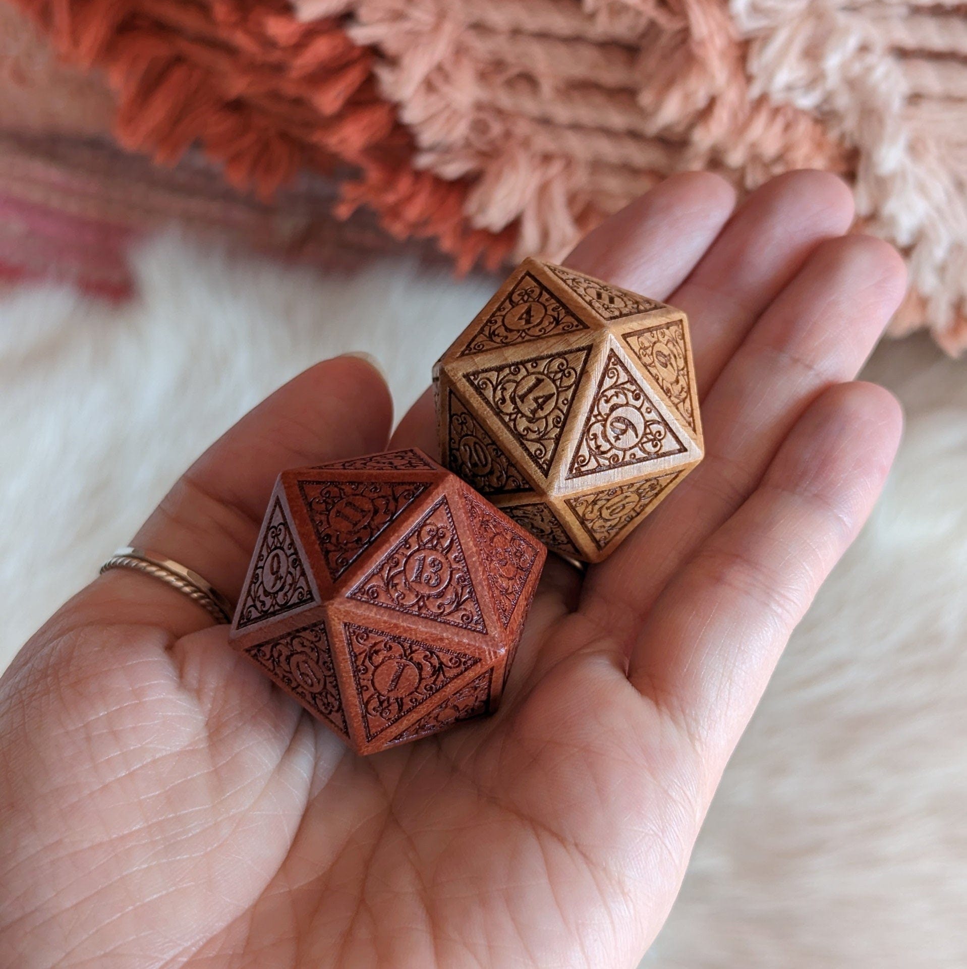 A Handsome Pair of Garden Gate Wood D20s – Art Nouveau Engraved Dice Set | Fennek & Finch Dice sets Fennek and Finch
