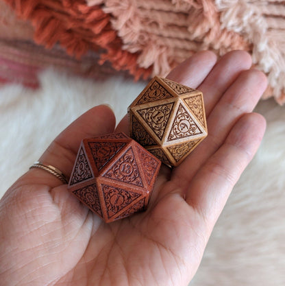 A Handsome Pair of Garden Gate Wood D20s – Art Nouveau Engraved Dice Set | Fennek & Finch Dice sets Fennek and Finch