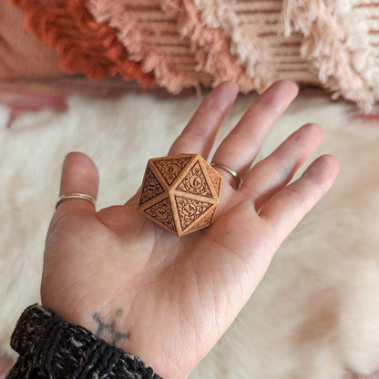 A Handsome Pair of Garden Gate Wood D20s – Art Nouveau Engraved Dice Set | Fennek & Finch - Fennek and Finch