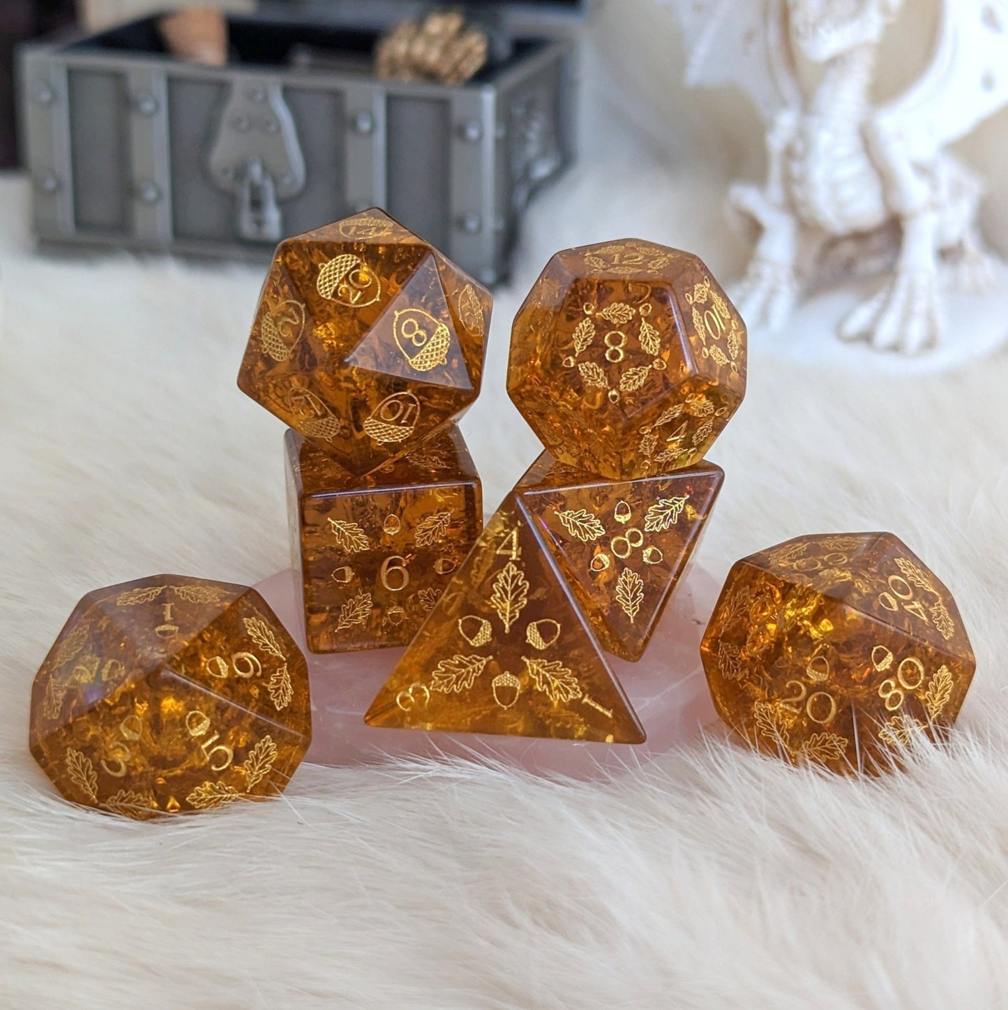 Acorn and Oak Brown Lightning Glass Dice Set – Engraved DnD Dice | Fennek & Finch - Fennek and Finch