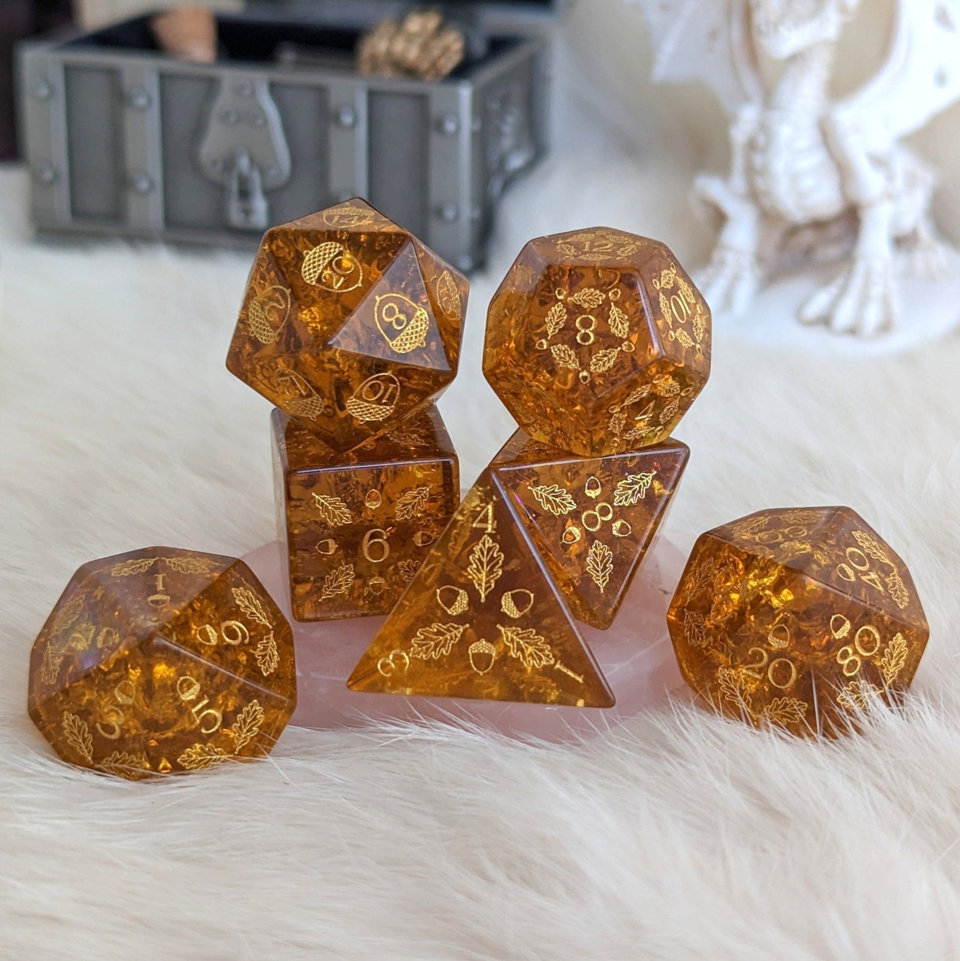 Acorn and Oak Brown Lightning Glass Dice Set – Engraved DnD Dice | Fennek & Finch - Fennek and Finch