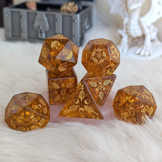 Acorn and Oak Brown Lightning Glass Dice Set – Engraved DnD Dice | Fennek & Finch - Fennek and Finch
