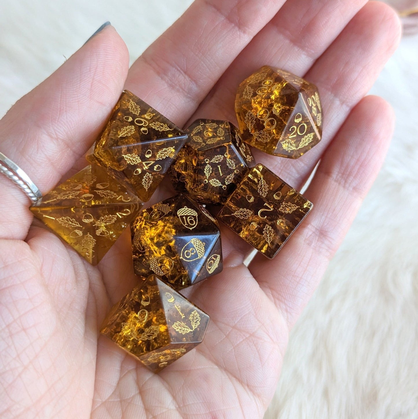 Acorn and Oak Brown Lightning Glass Dice Set – Engraved DnD Dice | Fennek & Finch - Fennek and Finch