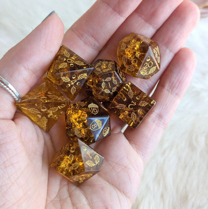 Acorn and Oak Brown Lightning Glass Dice Set – Engraved DnD Dice | Fennek & Finch - Fennek and Finch