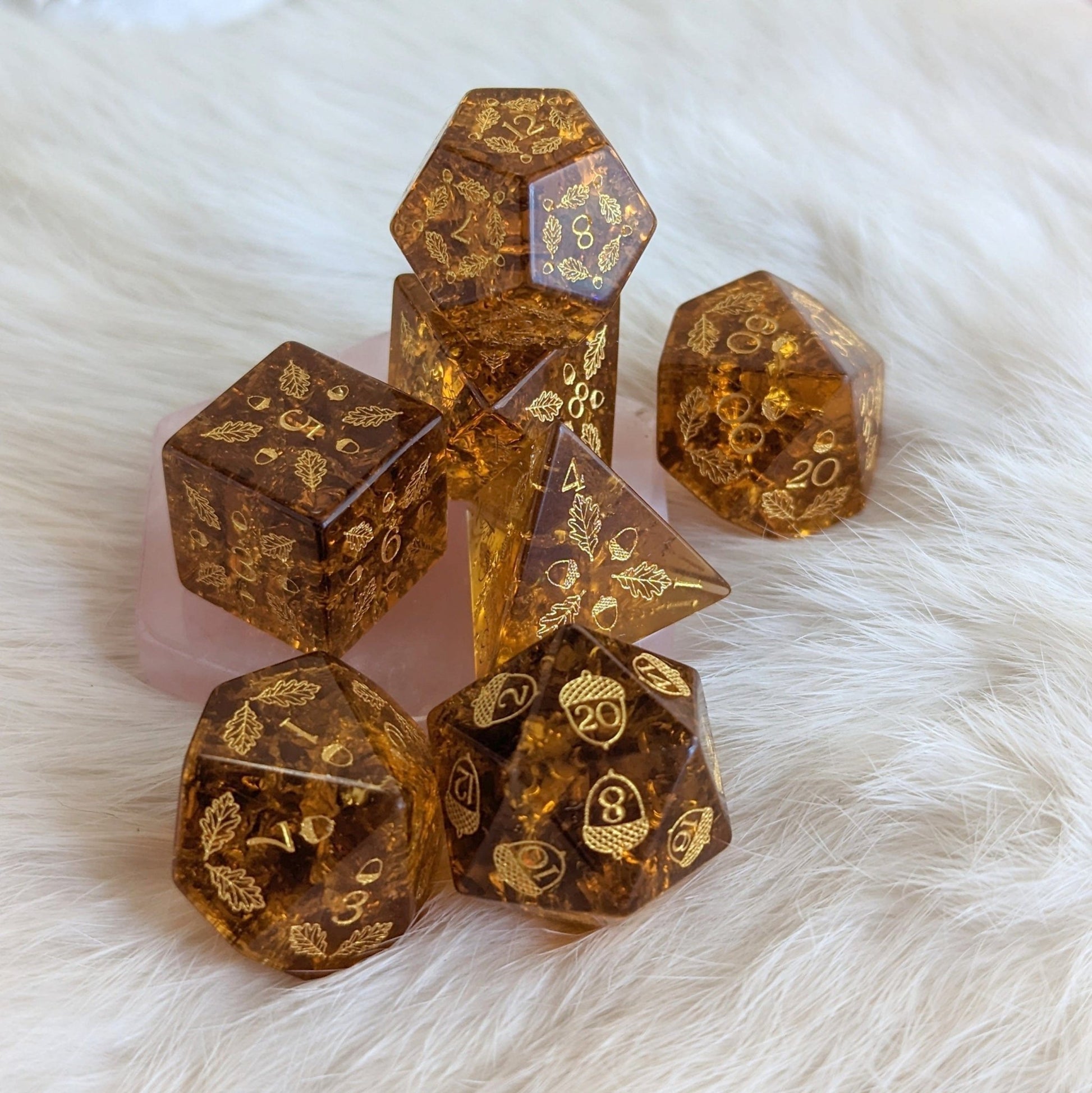 Acorn and Oak Brown Lightning Glass Dice Set – Engraved DnD Dice | Fennek & Finch - Fennek and Finch