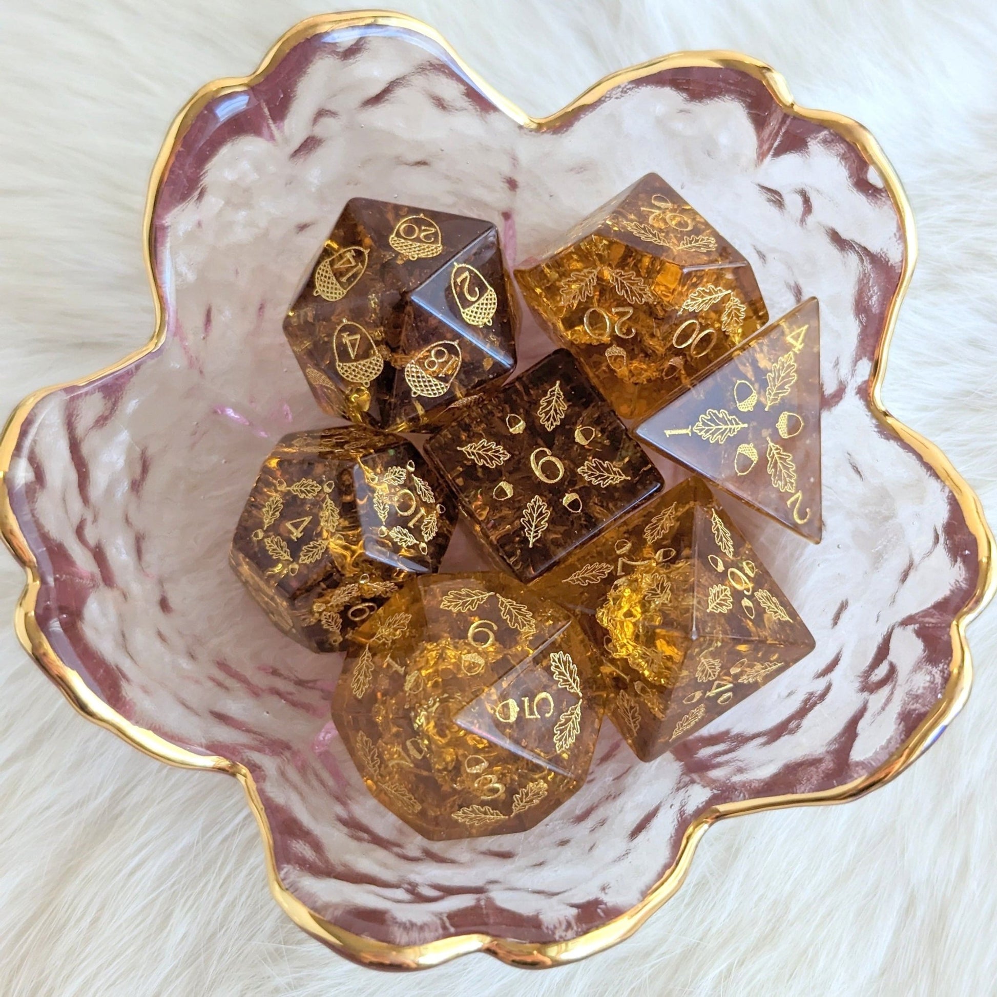 Acorn and Oak Brown Lightning Glass Dice Set – Engraved DnD Dice | Fennek & Finch - Fennek and Finch