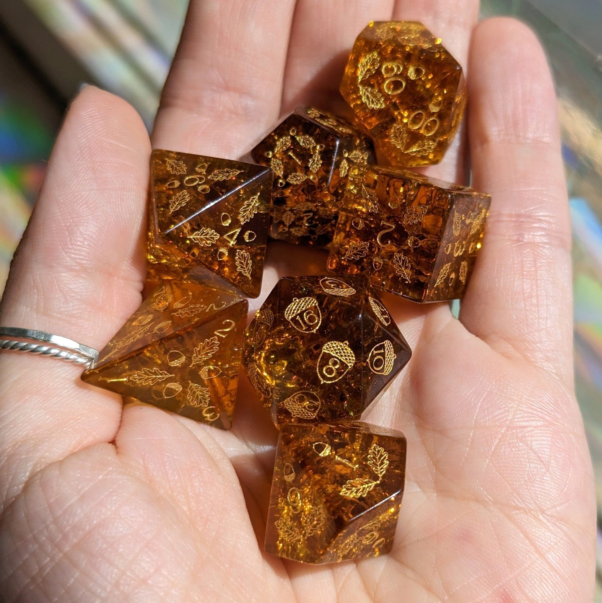 Acorn and Oak Brown Lightning Glass Dice Set – Engraved DnD Dice | Fennek & Finch - Fennek and Finch