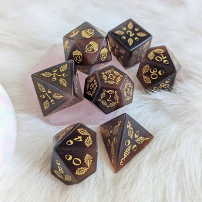 Acorn and Oak Dark Brown Cat's Eye Dice Set – Engraved Gemstone DnD Dice | Fennek & Finch - Fennek and Finch