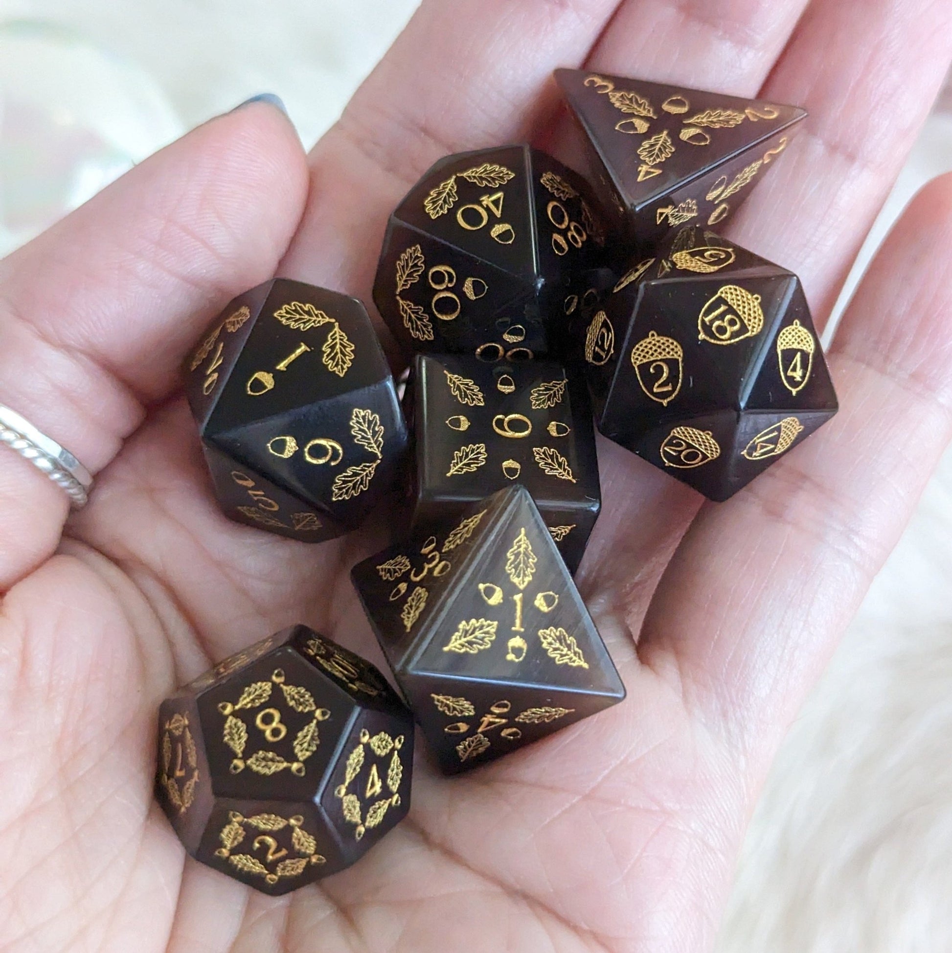 Acorn and Oak Dark Brown Cat's Eye Dice Set – Engraved Gemstone DnD Dice | Fennek & Finch - Fennek and Finch