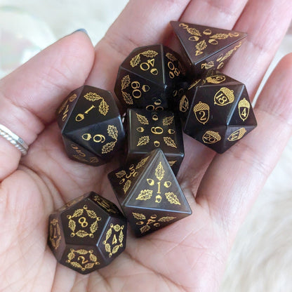 Acorn and Oak Dark Brown Cat's Eye Dice Set – Engraved Gemstone DnD Dice | Fennek & Finch - Fennek and Finch