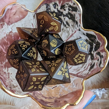 Acorn and Oak Dark Brown Cat's Eye Dice Set – Engraved Gemstone DnD Dice | Fennek & Finch - Fennek and Finch