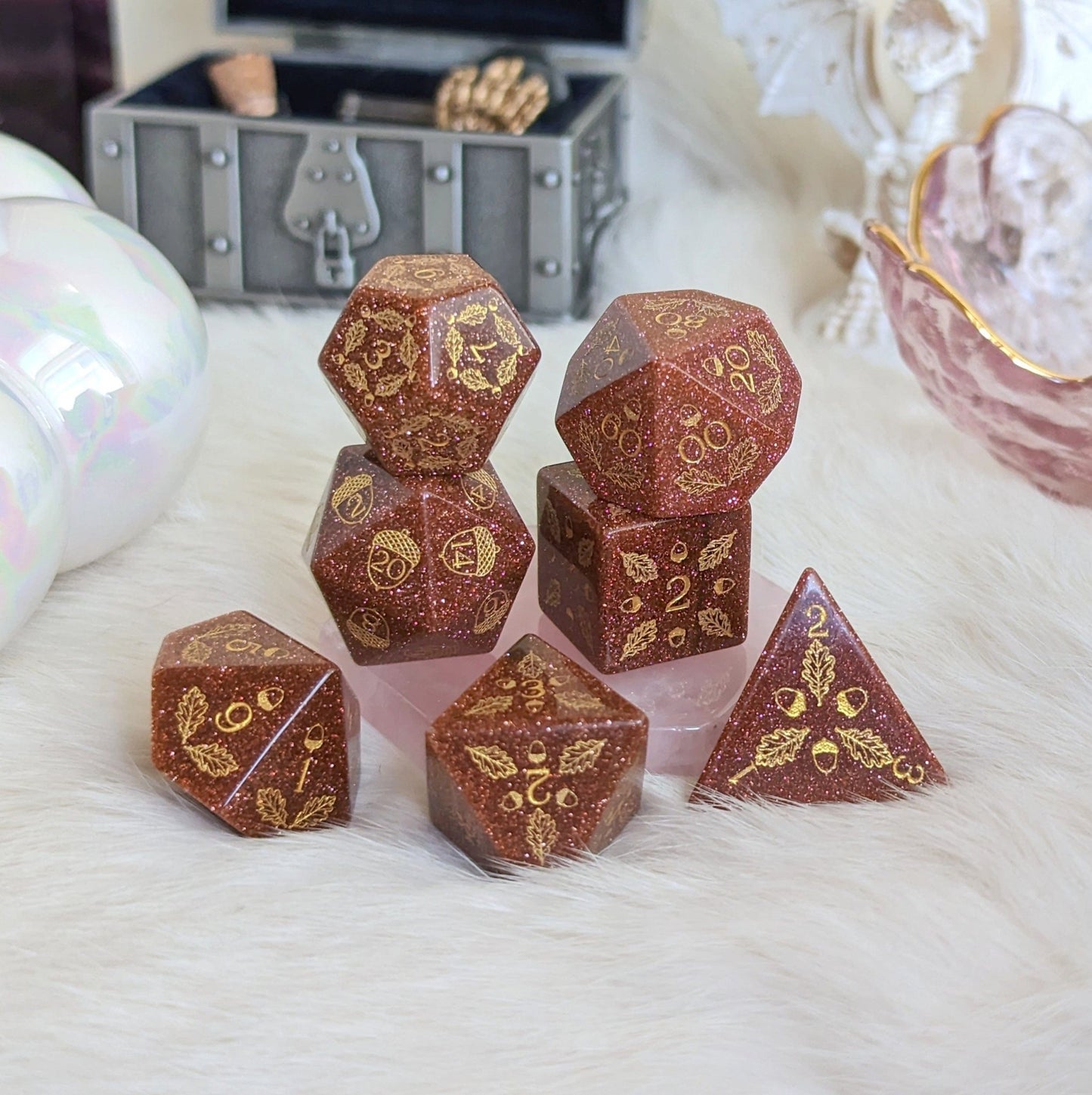 Acorn and Oak Goldstone Dice Set – Engraved Gemstone DnD Dice | Fennek & Finch Dice Sets & Games Fennek and Finch