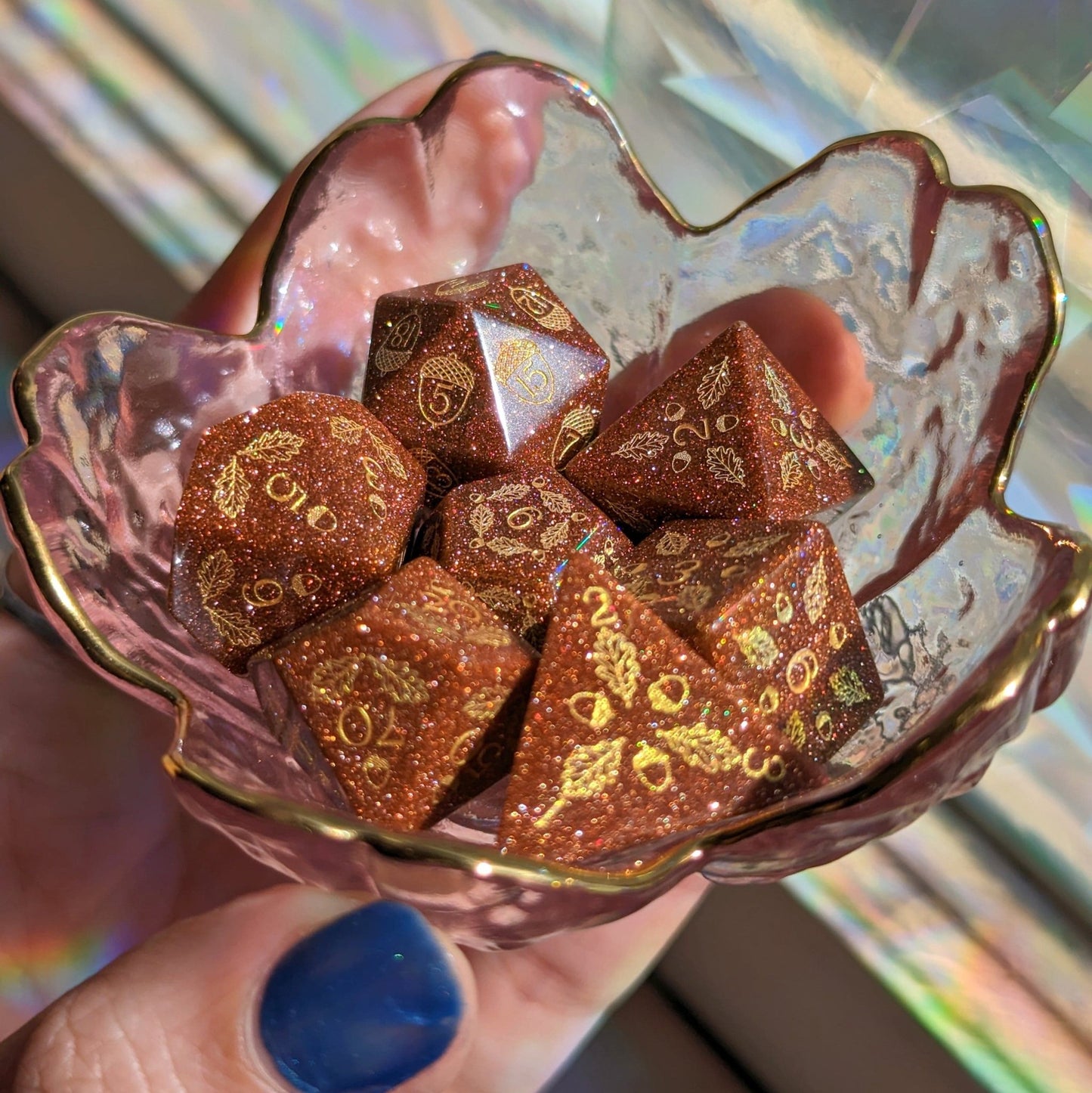 Acorn and Oak Goldstone Dice Set – Engraved Gemstone DnD Dice | Fennek & Finch Dice Sets & Games Fennek and Finch