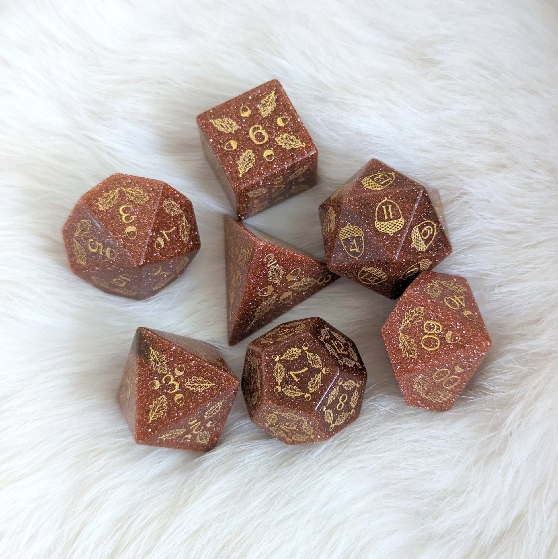 Acorn and Oak Goldstone Dice Set – Engraved Gemstone DnD Dice | Fennek & Finch Dice Sets & Games Fennek and Finch