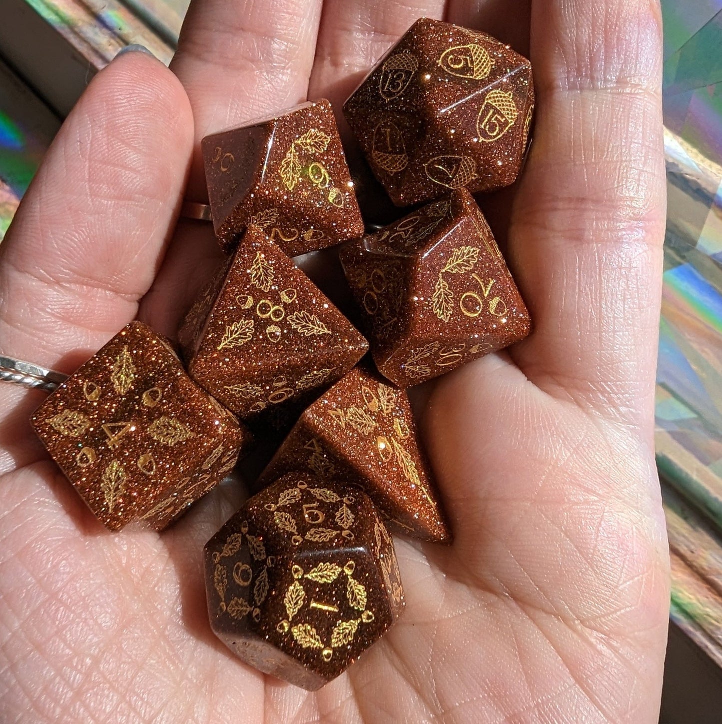 Acorn and Oak Goldstone Dice Set – Engraved Gemstone DnD Dice | Fennek & Finch Dice Sets & Games Fennek and Finch