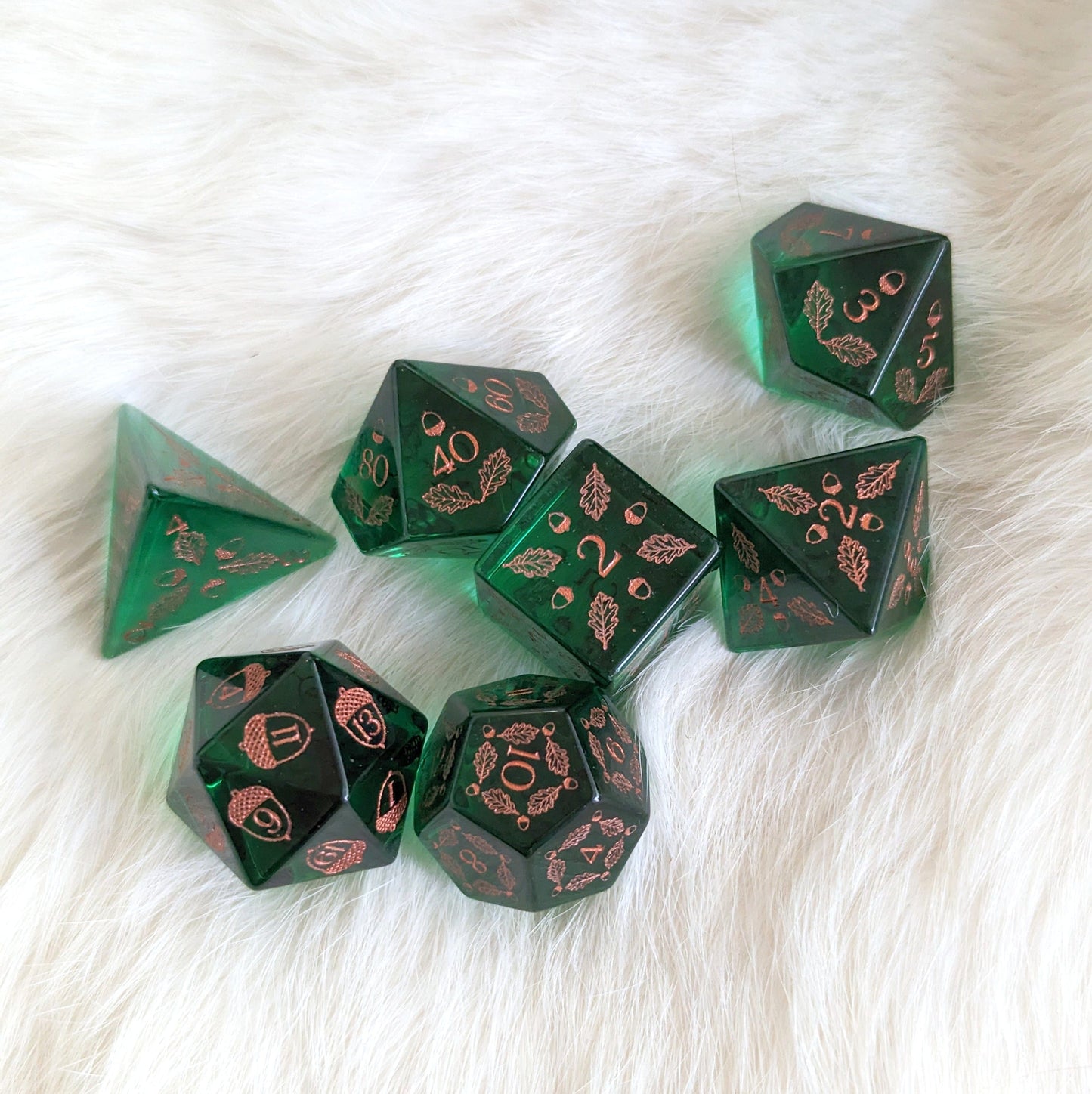 Acorn and Oak Green Glass Dice Set.