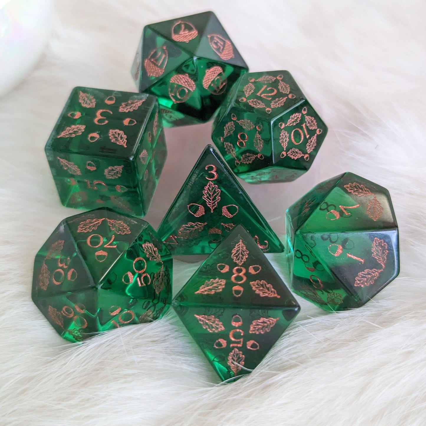 Acorn and Oak Green Glass Dice Set.