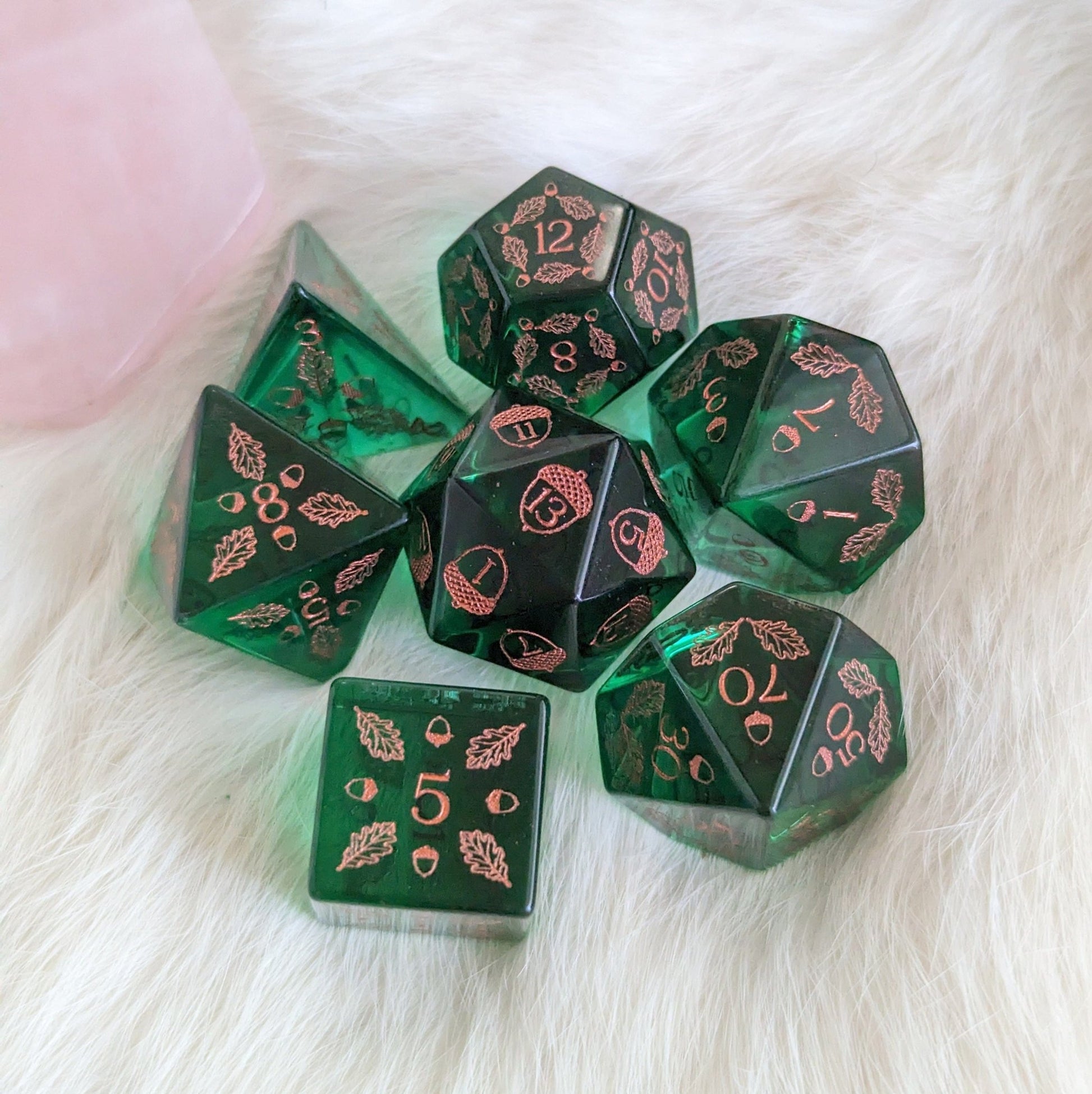 Acorn and Oak Green Glass Dice Set – Engraved DnD Dice | Fennek & Finch - Fennek and Finch