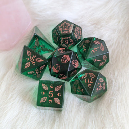 Acorn and Oak Green Glass Dice Set – Engraved DnD Dice | Fennek & Finch - Fennek and Finch