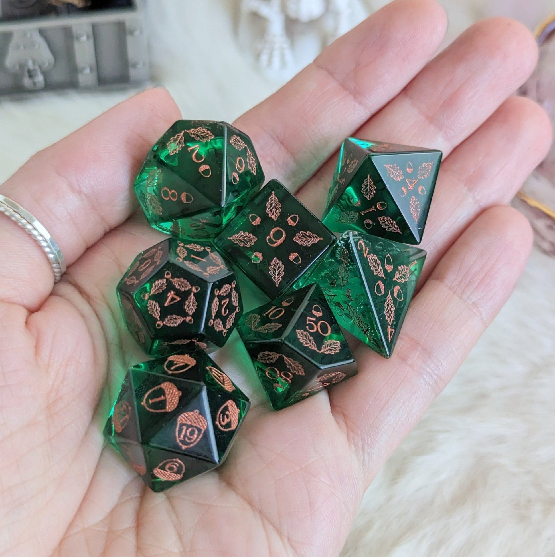 Acorn and Oak Green Glass Dice Set – Engraved DnD Dice | Fennek & Finch - Fennek and Finch