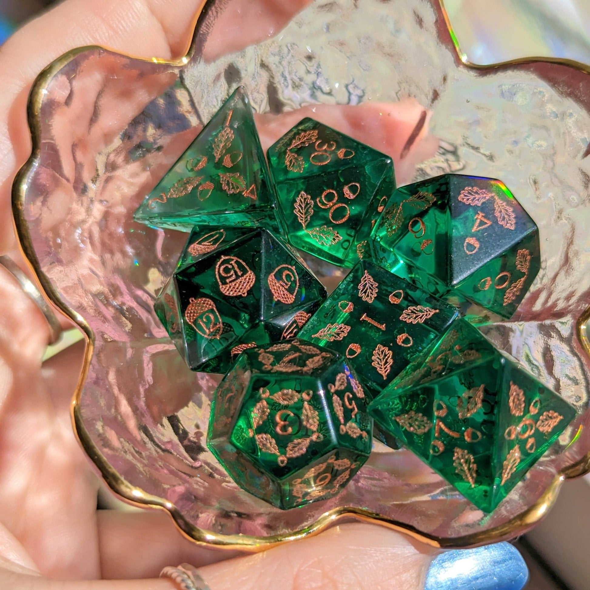 Acorn and Oak Green Glass Dice Set – Engraved DnD Dice | Fennek & Finch - Fennek and Finch