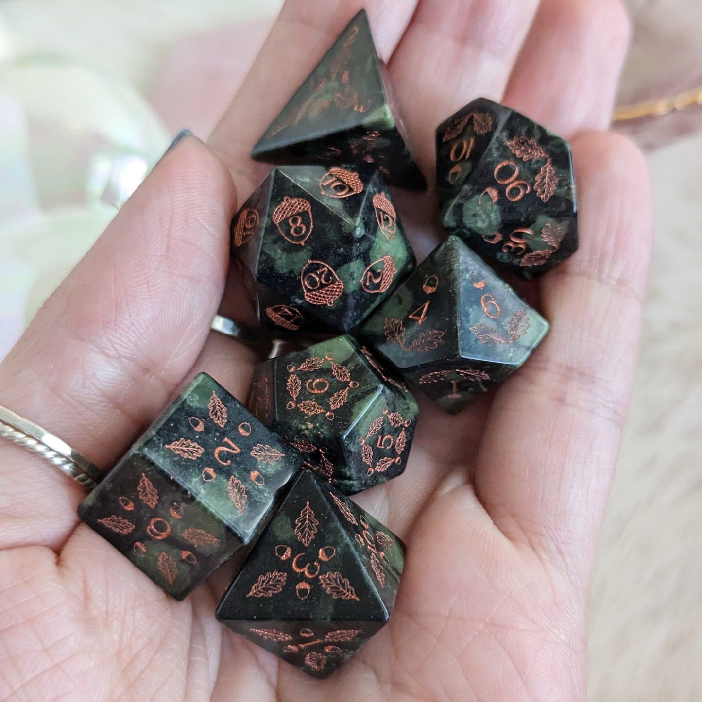 Acorn and Oak Jasper Gemstone Dice Set – Engraved Stone DnD Dice | Fennek & Finch - Fennek and Finch