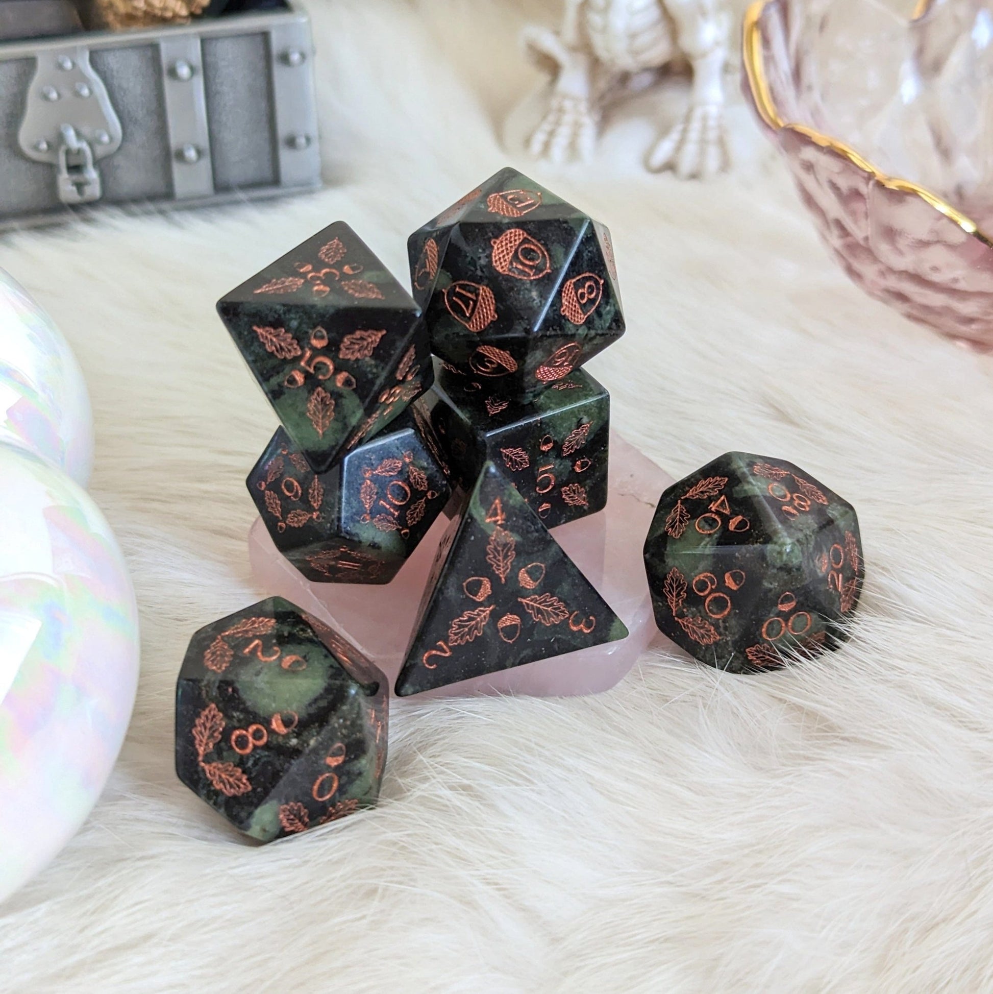 Acorn and Oak Jasper Gemstone Dice Set – Engraved Stone DnD Dice | Fennek & Finch - Fennek and Finch