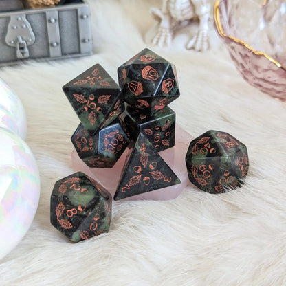 Acorn and Oak Jasper Gemstone Dice Set – Engraved Stone DnD Dice | Fennek & Finch - Fennek and Finch