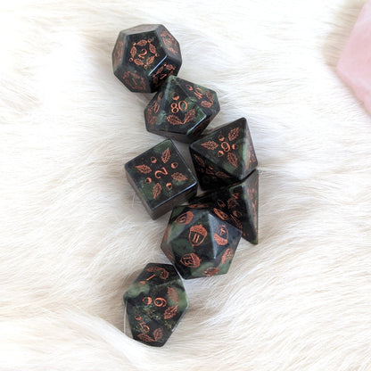 Acorn and Oak Jasper Gemstone Dice Set – Engraved Stone DnD Dice | Fennek & Finch - Fennek and Finch