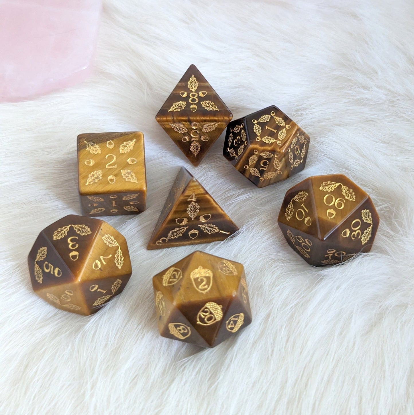 Acorn and Oak Tiger Eye Dice Set – Engraved Gemstone DnD Dice | Fennek & Finch - Fennek and Finch