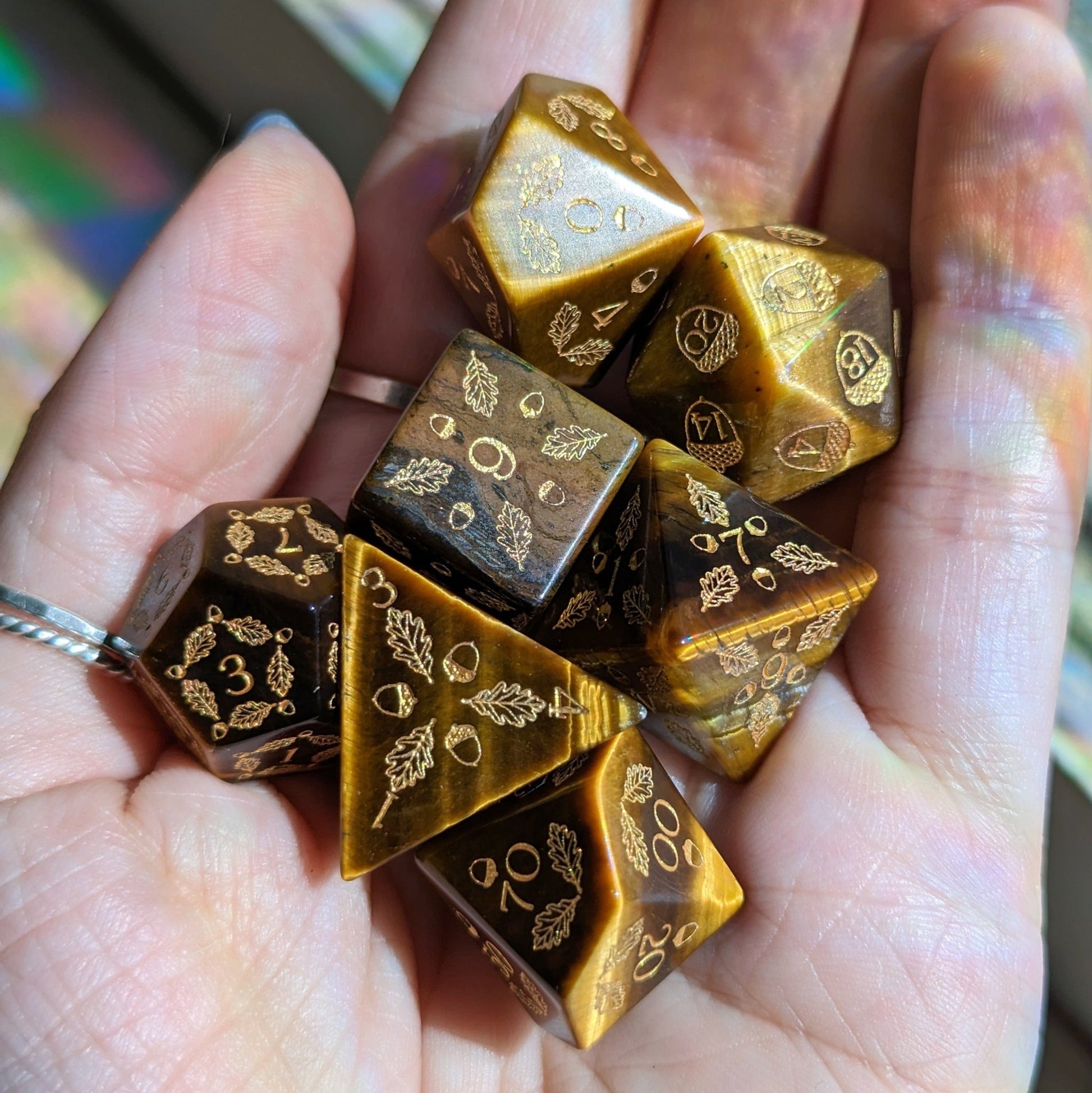 Acorn and Oak Tiger Eye Dice Set – Engraved Gemstone DnD Dice | Fennek & Finch - Fennek and Finch