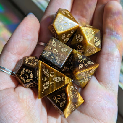 Acorn and Oak Tiger Eye Dice Set – Engraved Gemstone DnD Dice | Fennek & Finch - Fennek and Finch