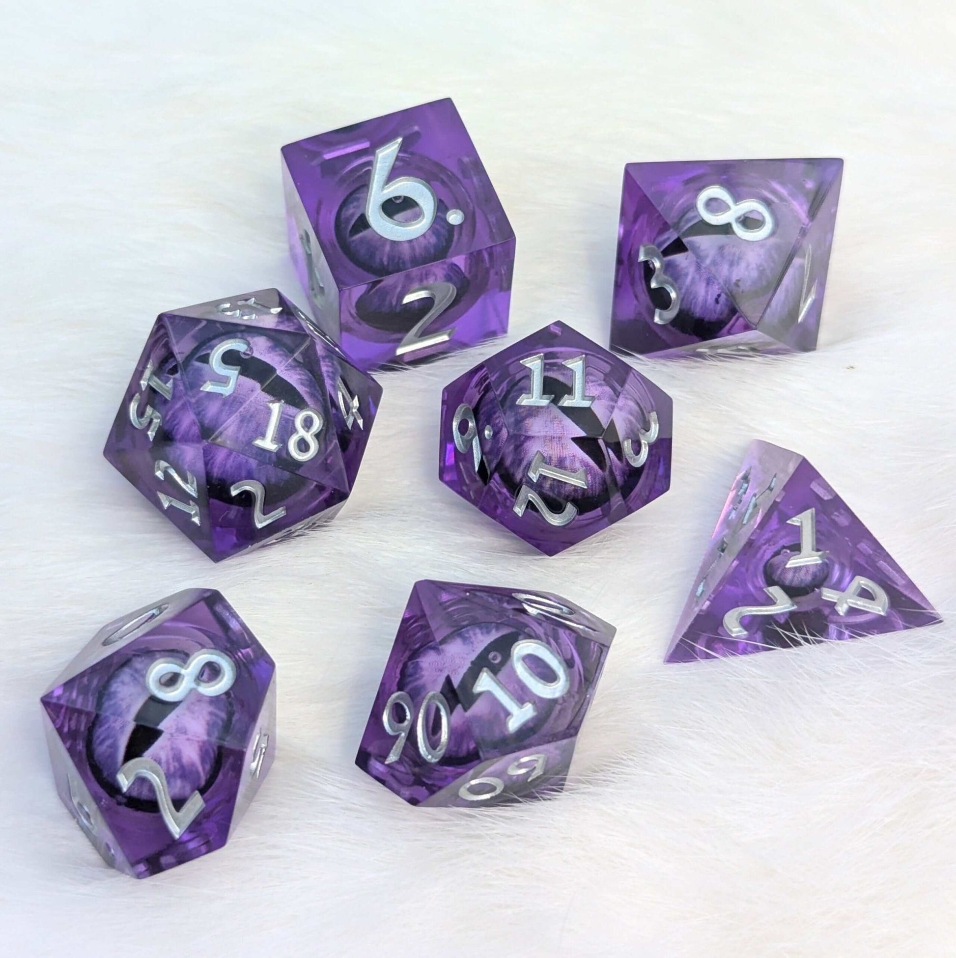 All - Seeing Eye Dice Set Amethyst Edition – 7 - Piece Purple Liquid Core Sharp Edge - Fennek and Finch