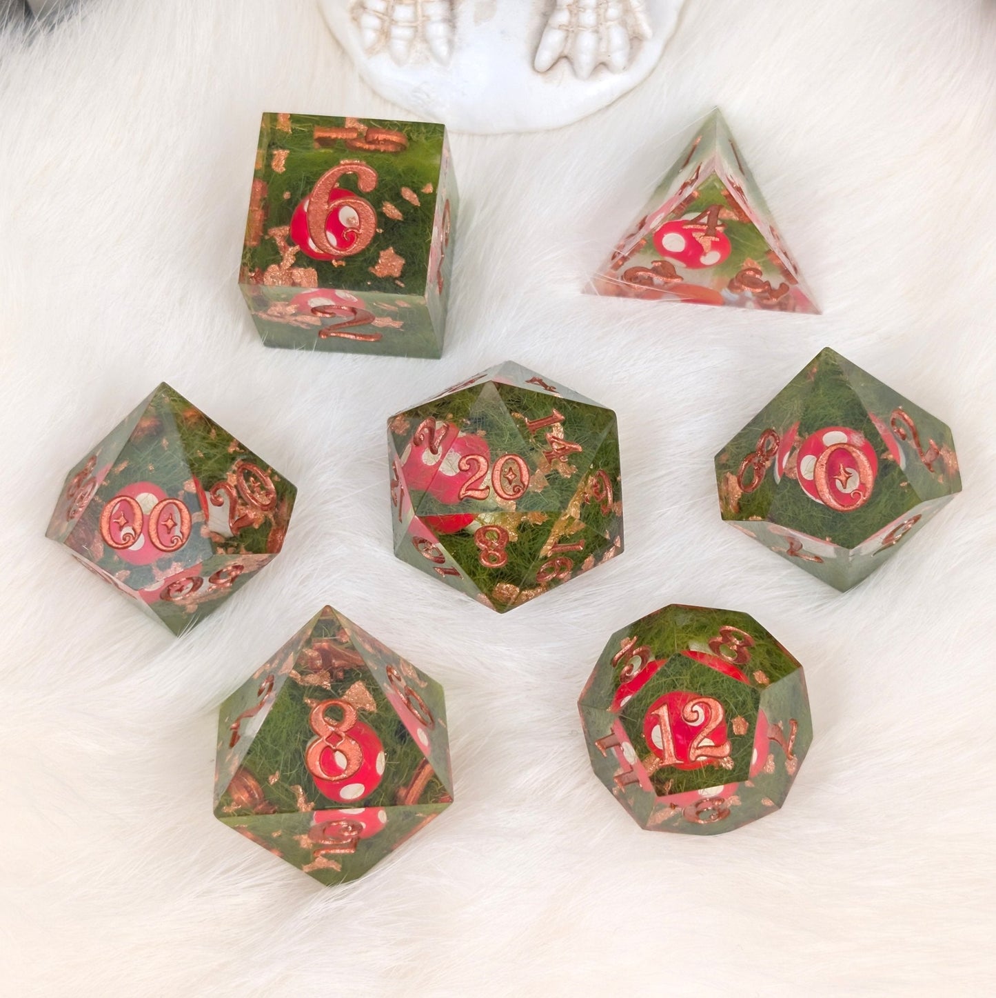Amanita Mushroom DnD Dice Set – Sharp Edge Resin Dice with Copper Numbers - Fennek and Finch